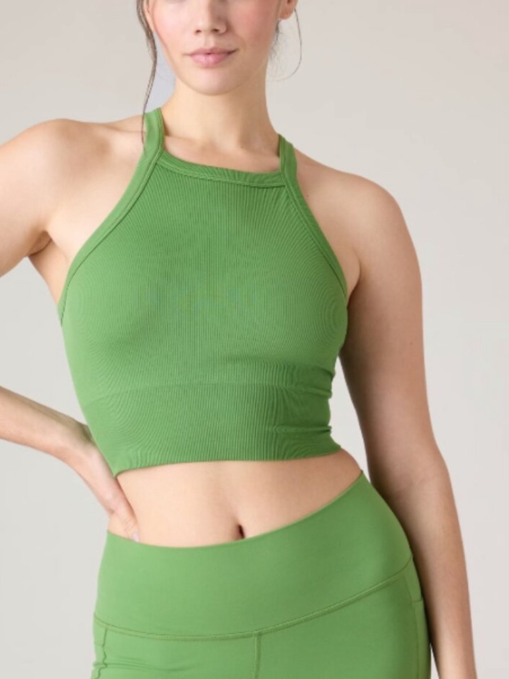 Athleta Aurora Seamless High Neck V-Back Tank Baja Green ribbed Size XS NWT